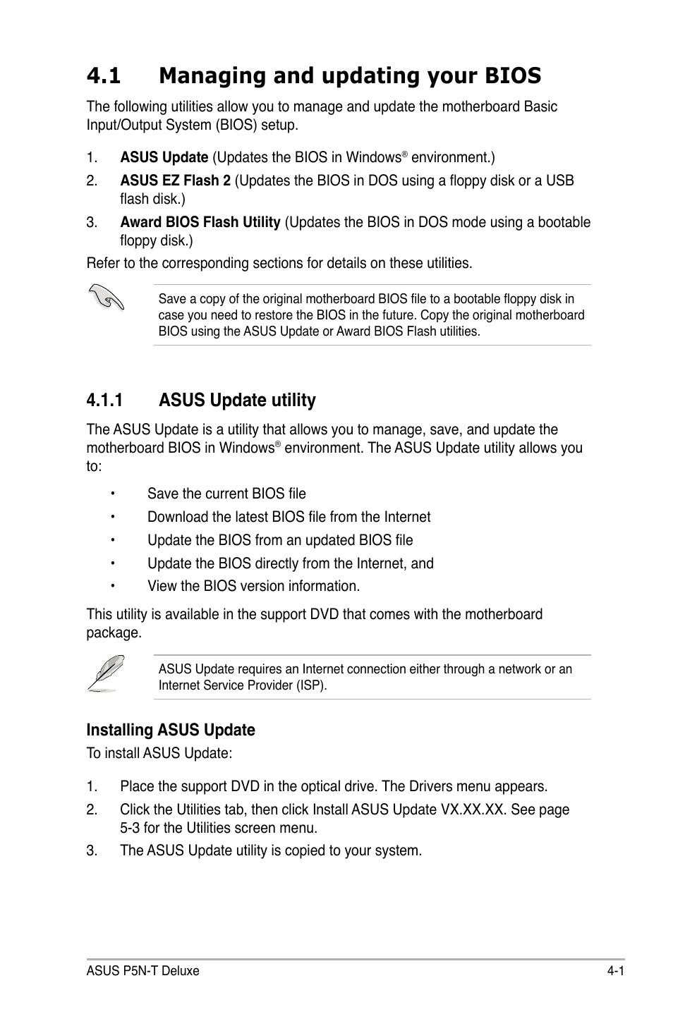 1 managing and updating your bios, 1 asus update utility | Asus P5N-T Deluxe User Manual | Page 69 / 174