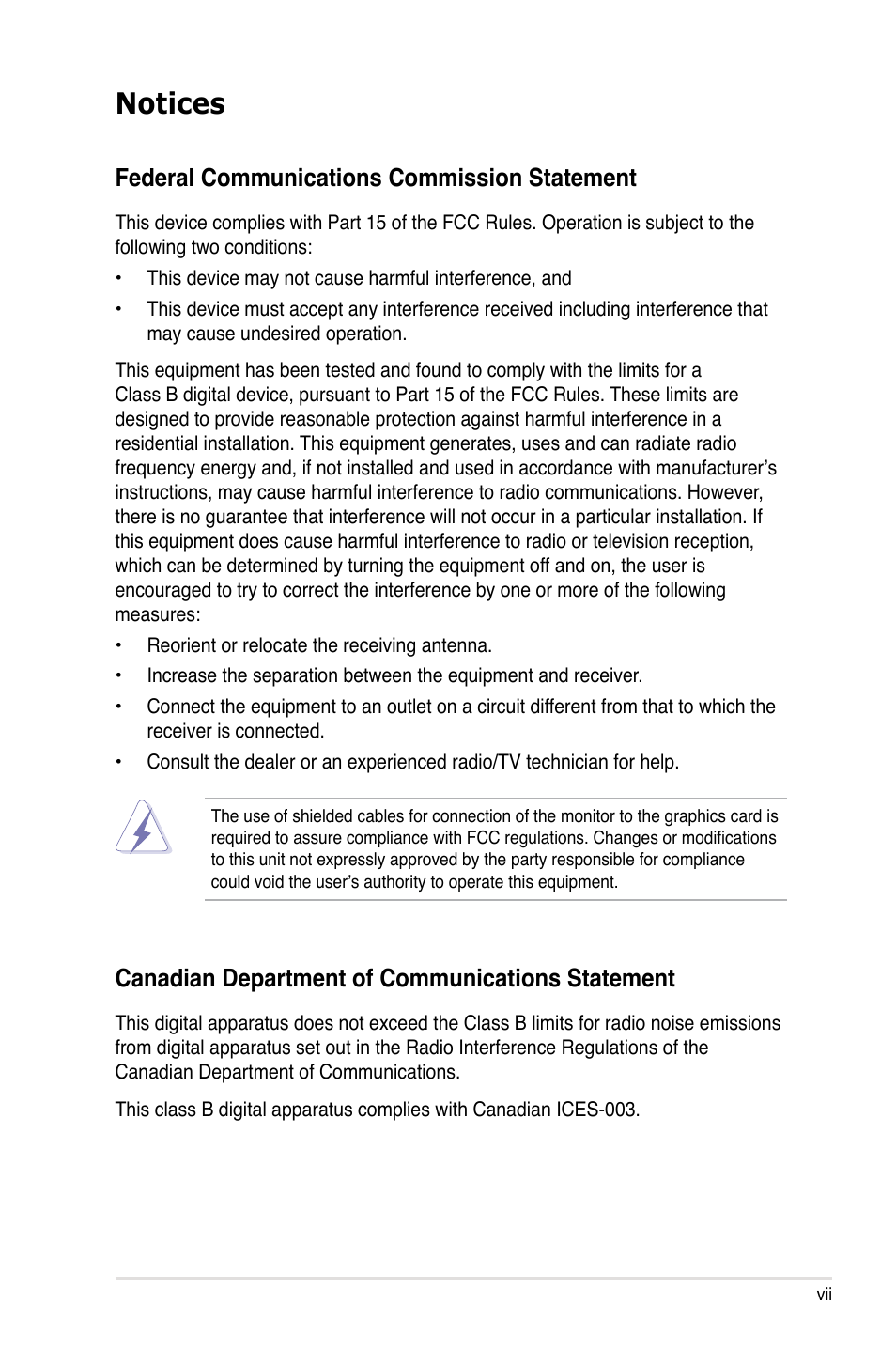 Notices, Federal communications commission statement, Canadian department of communications statement | Asus P5N-T Deluxe User Manual | Page 7 / 174