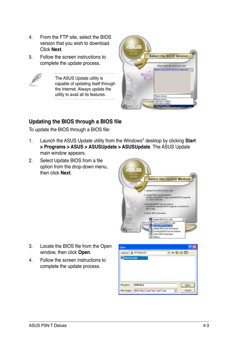 Updating the bios through a bios file | Asus P5N-T Deluxe User Manual | Page 71 / 174