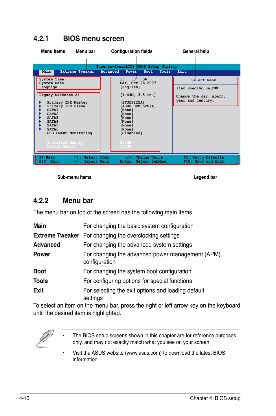 1 bios menu screen, 2 menu bar | Asus P5N-T Deluxe User Manual | Page 78 / 174