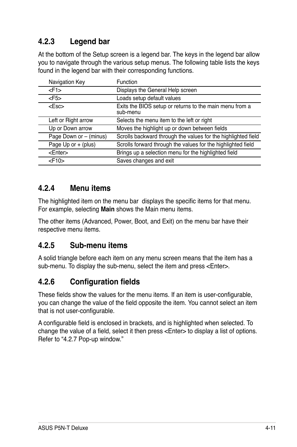 4 menu items, 5 sub-menu items, 6 configuration fields | 3 legend bar | Asus P5N-T Deluxe User Manual | Page 79 / 174