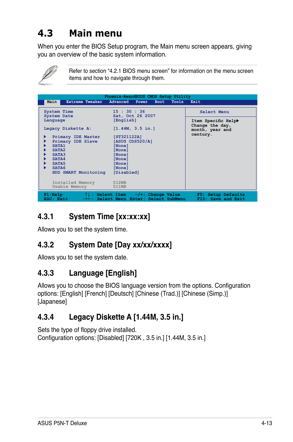 3 main menu, 1 system time [xx:xx:xx, 3 language [english | Allows you to set the system time, Allows you to set the system date | Asus P5N-T Deluxe User Manual | Page 81 / 174