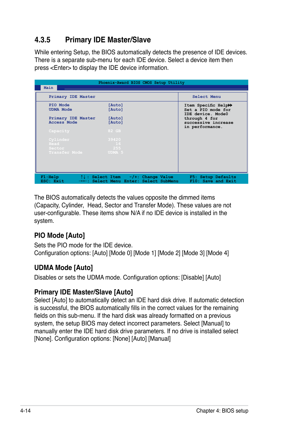 5 primary ide master/slave, Pio mode [auto, Udma mode [auto | Primary ide master/slave [auto | Asus P5N-T Deluxe User Manual | Page 82 / 174