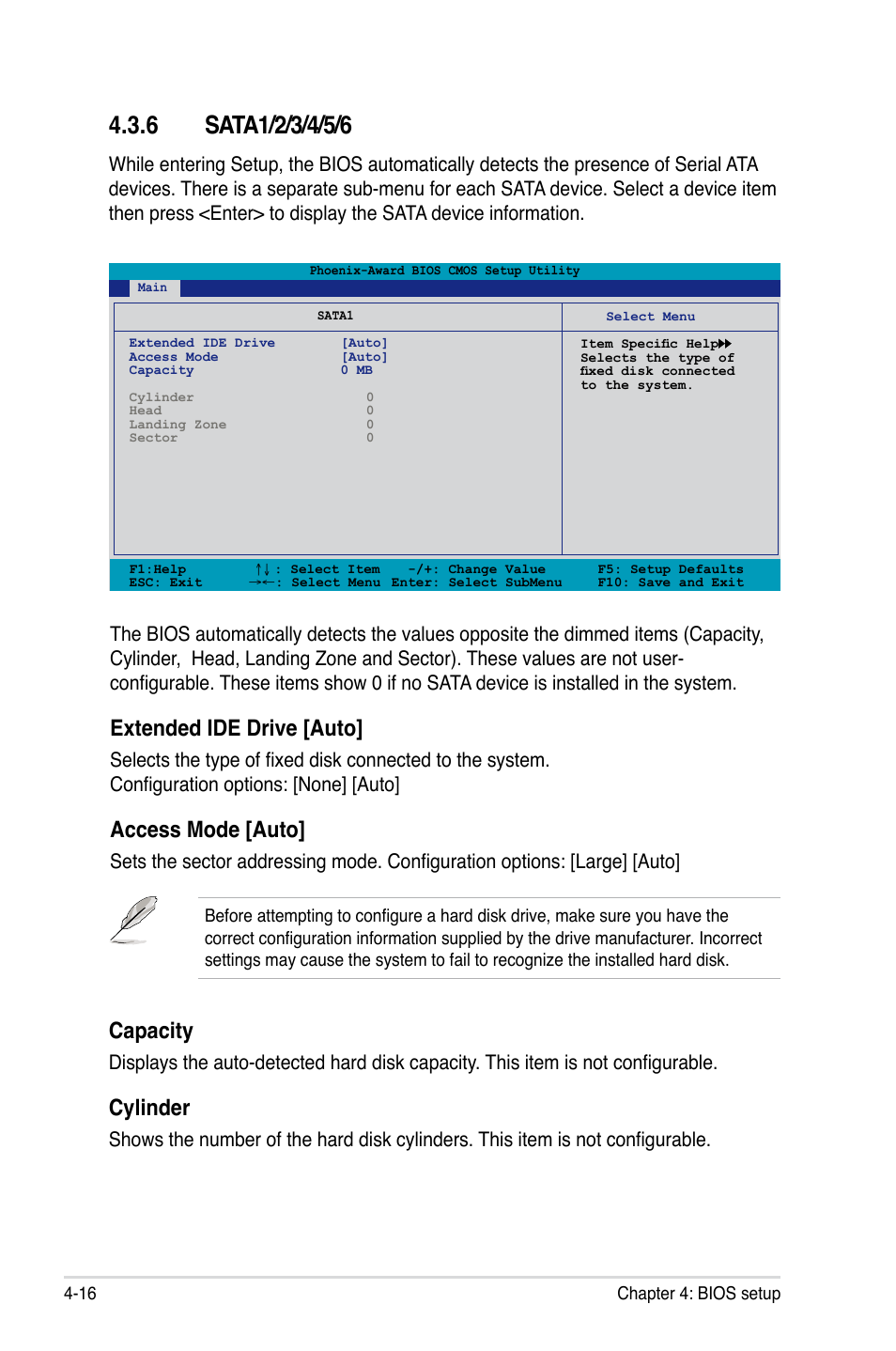 Extended ide drive [auto, Access mode [auto, Capacity | Cylinder | Asus P5N-T Deluxe User Manual | Page 84 / 174