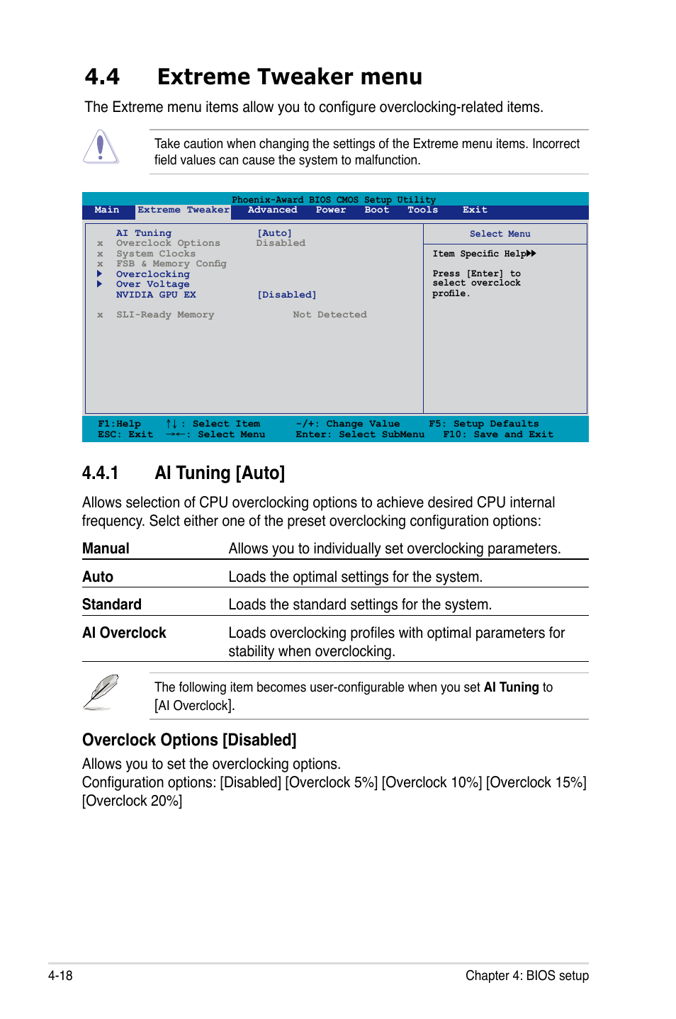 4 extreme tweaker menu, 1 ai tuning [auto, Overclock options [disabled | Asus P5N-T Deluxe User Manual | Page 86 / 174