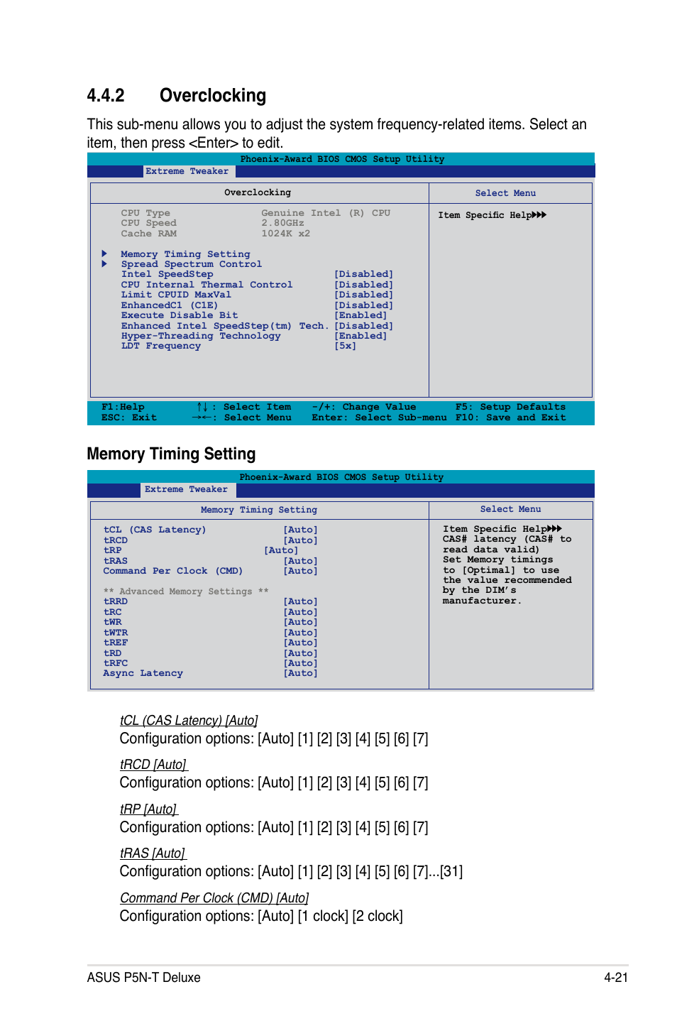 2 overclocking, Configuration options: [auto] [1 clock] [2 clock, Asus p5n-t deluxe 4-21 | Tcl (cas latency) [auto, Trcd [auto, Trp [auto, Tras [auto, Command per clock (cmd) [auto | Asus P5N-T Deluxe User Manual | Page 89 / 174