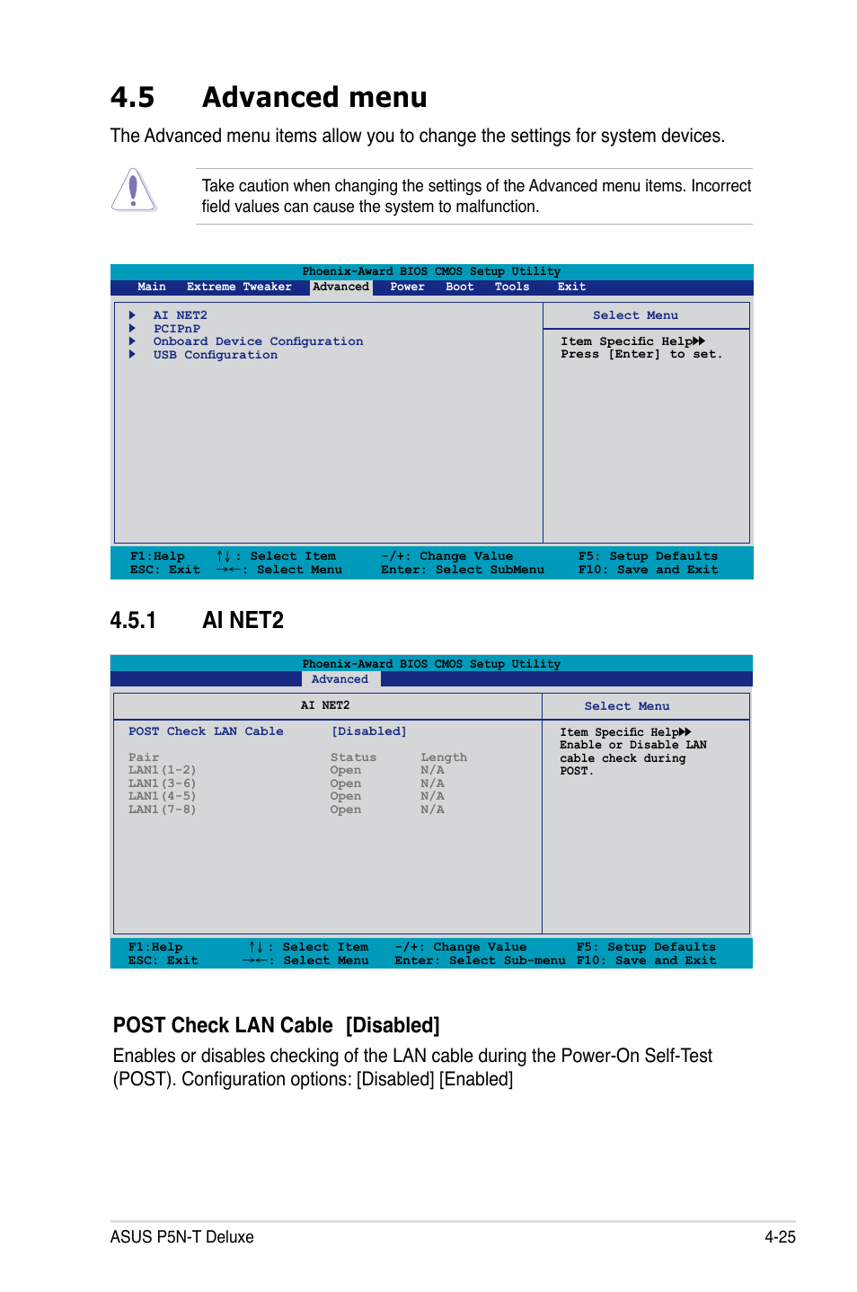 5 advanced menu, 1 ai net2, Post check lan cable [disabled | Asus P5N-T Deluxe User Manual | Page 93 / 174