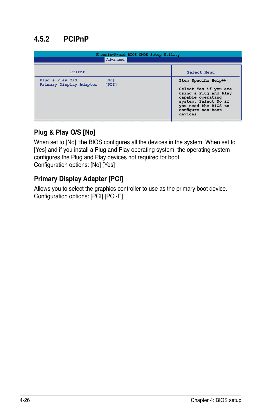 2 pcipnp, Plug & play o/s [no, Primary display adapter [pci | Asus P5N-T Deluxe User Manual | Page 94 / 174