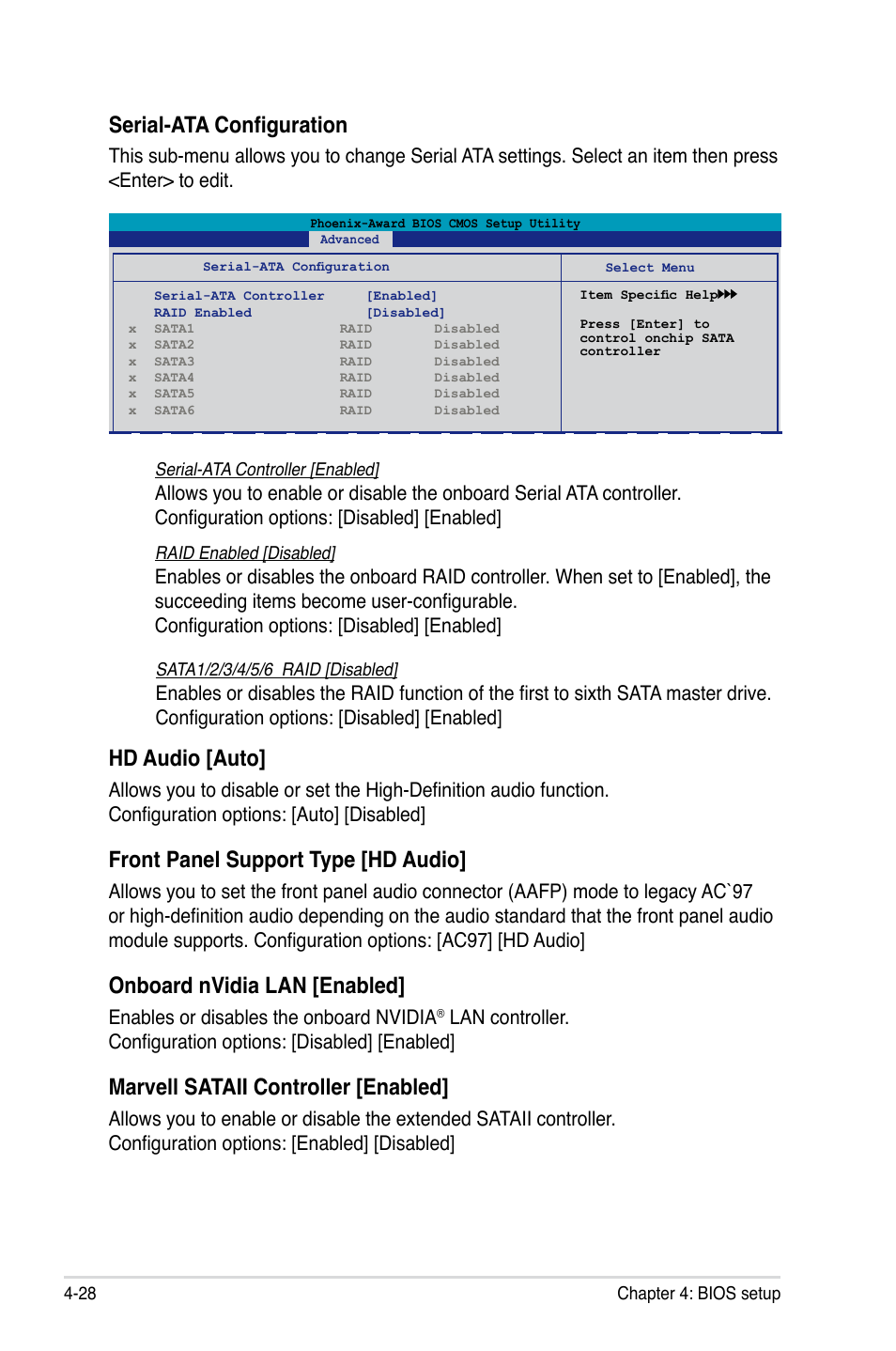 Serial-ata configuration, Hd audio [auto, Front panel support type [hd audio | Onboard nvidia lan [enabled, Marvell sataii controller [enabled, Enables or disables the onboard nvidia | Asus P5N-T Deluxe User Manual | Page 96 / 174