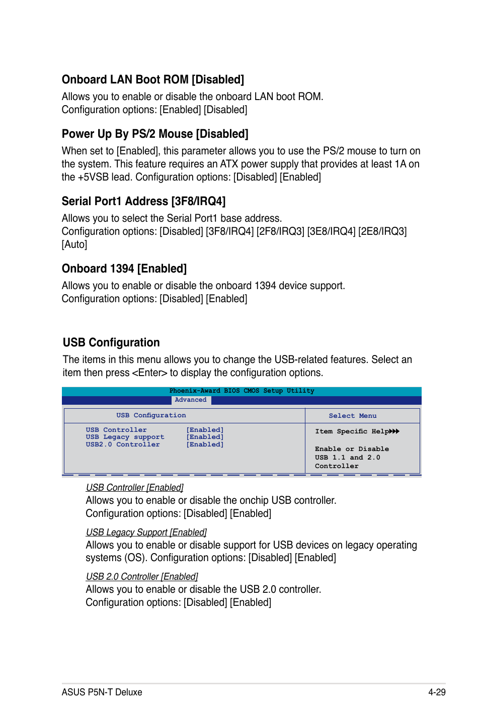 Usb configuration, Onboard lan boot rom [disabled, Power up by ps/2 mouse [disabled | Serial port1 address [3f8/irq4, Onboard 1394 [enabled | Asus P5N-T Deluxe User Manual | Page 97 / 174