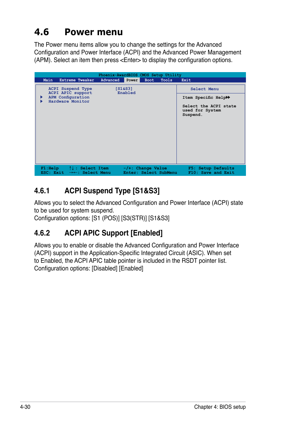 6 power menu, 1 acpi suspend type [s1&s3, 2 acpi apic support [enabled | Asus P5N-T Deluxe User Manual | Page 98 / 174