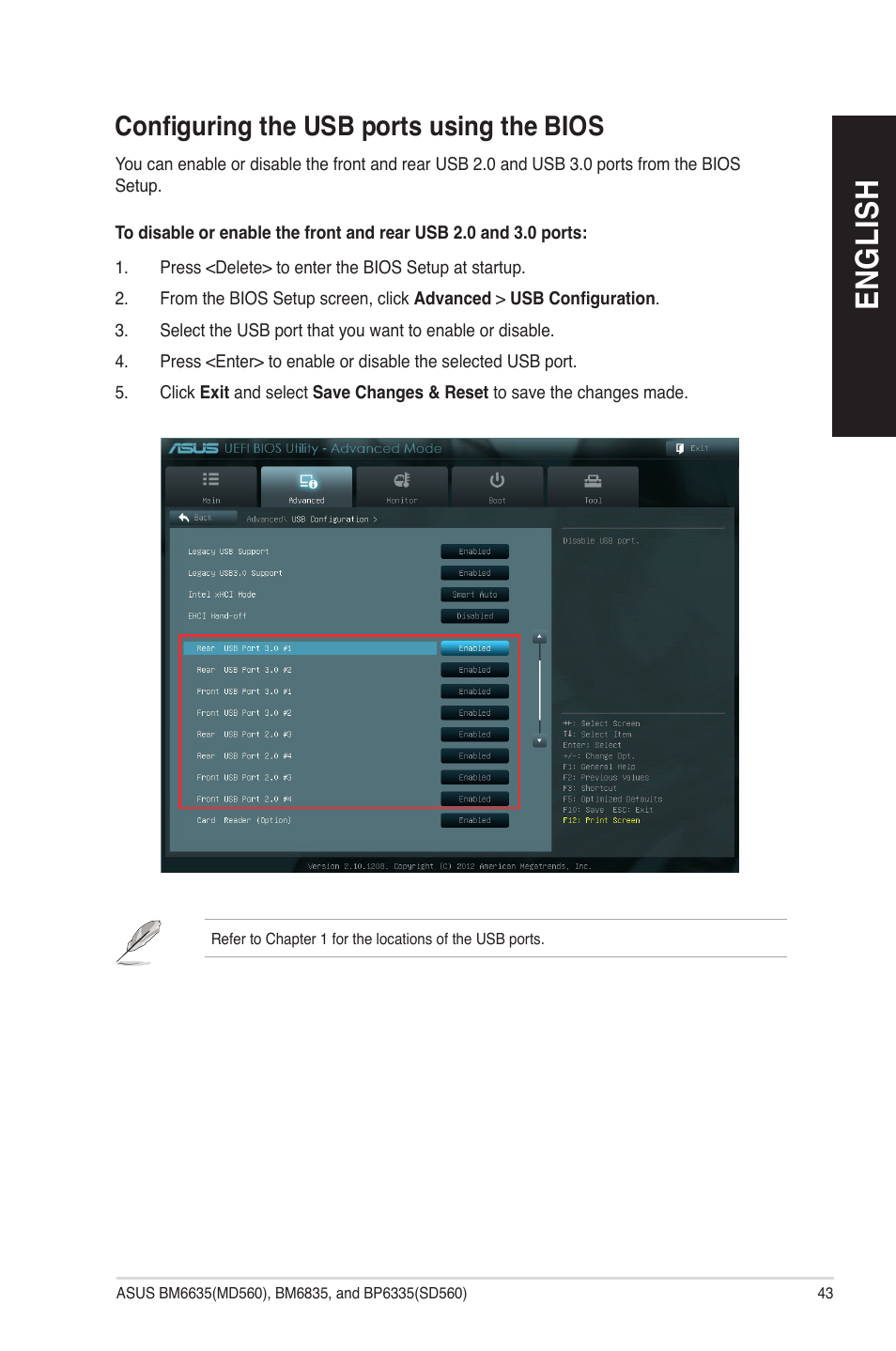 Configuring the usb ports using the bios, En gl is h en gl is h | Asus BP6335 User Manual | Page 43 / 72