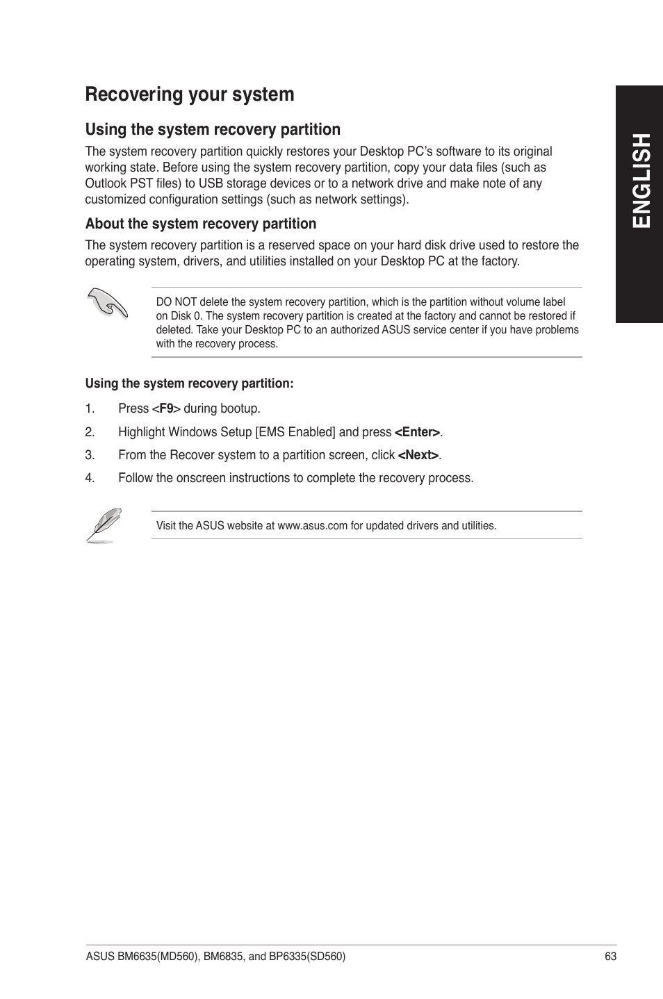 Recovering your system, En gl is h en gl is h | Asus BP6335 User Manual | Page 63 / 72