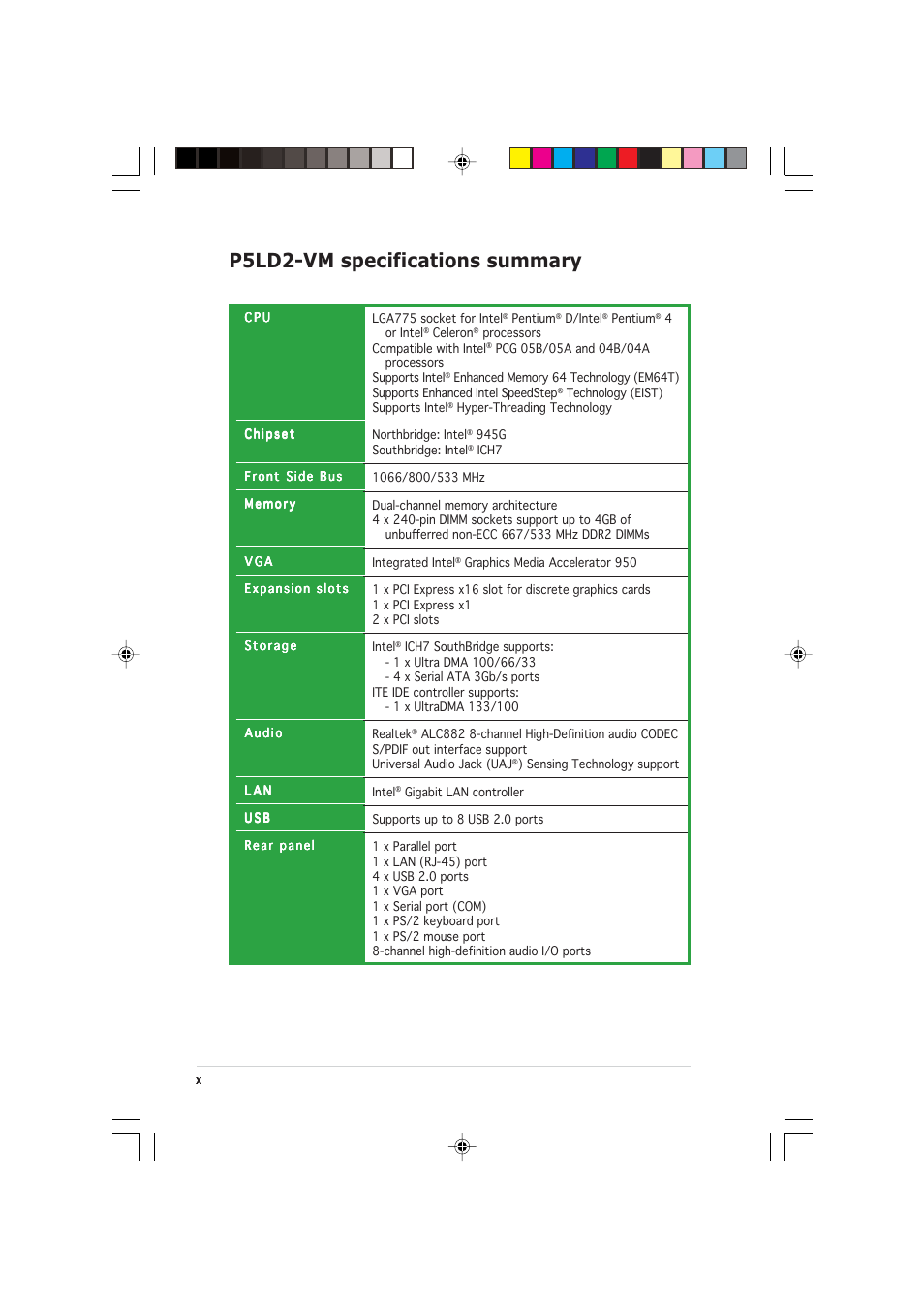 P5ld2-vm specifications summary | Asus P5LD2-VM User Manual | Page 10 / 90