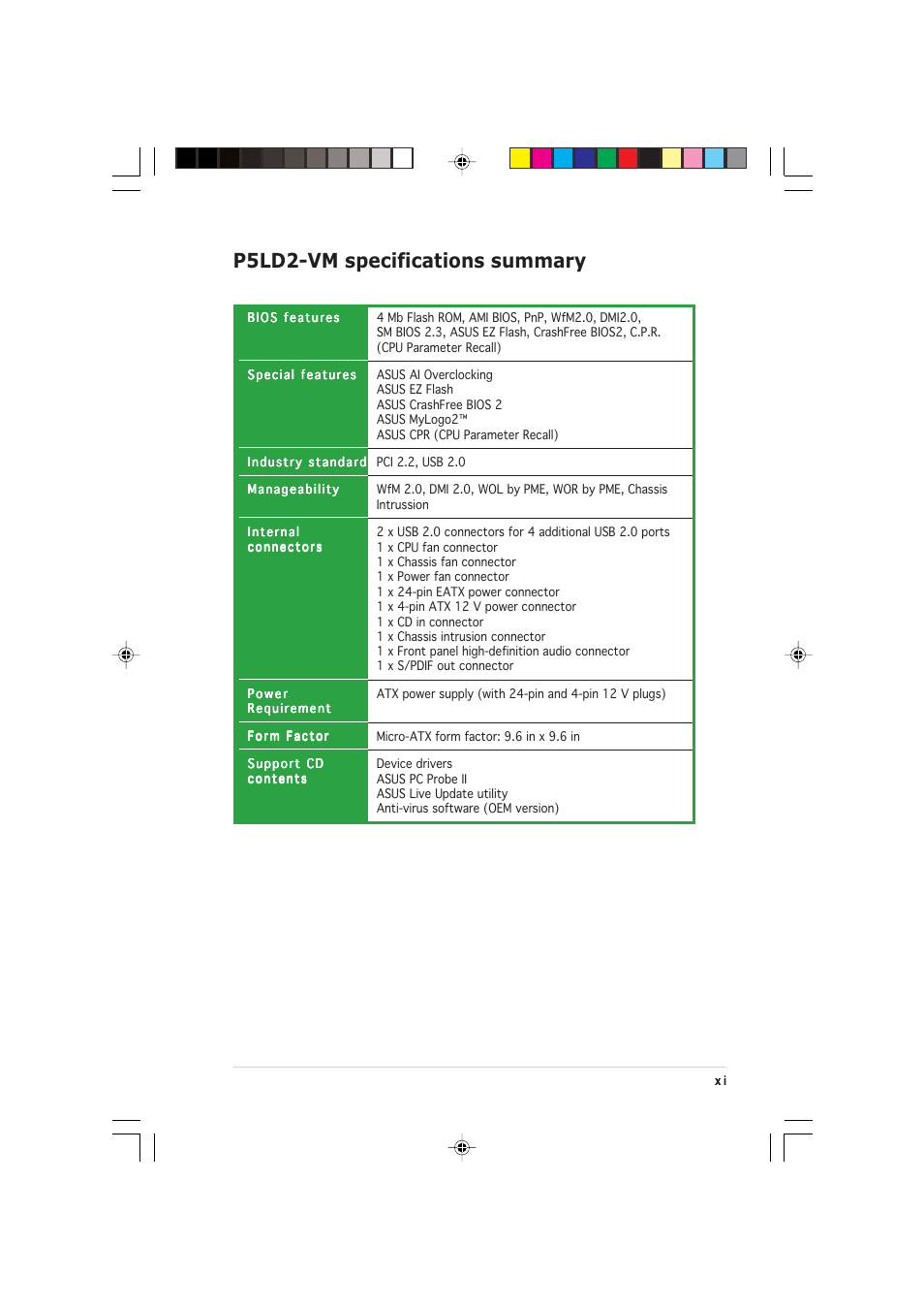 P5ld2-vm specifications summary | Asus P5LD2-VM User Manual | Page 11 / 90