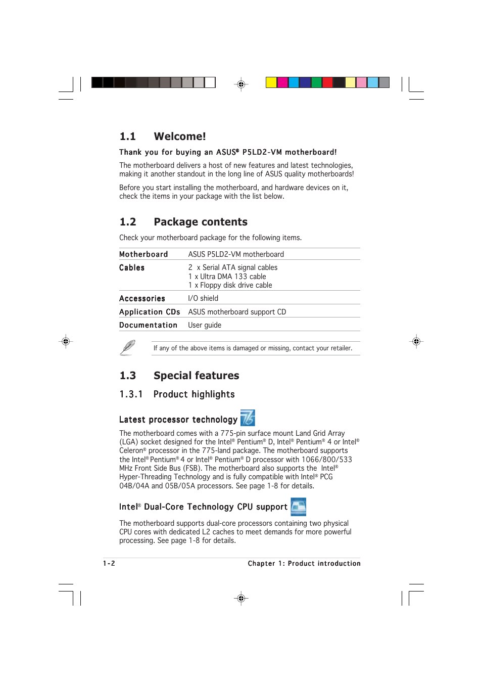 1 welcome, 2 package contents, 3 special features | Asus P5LD2-VM User Manual | Page 14 / 90
