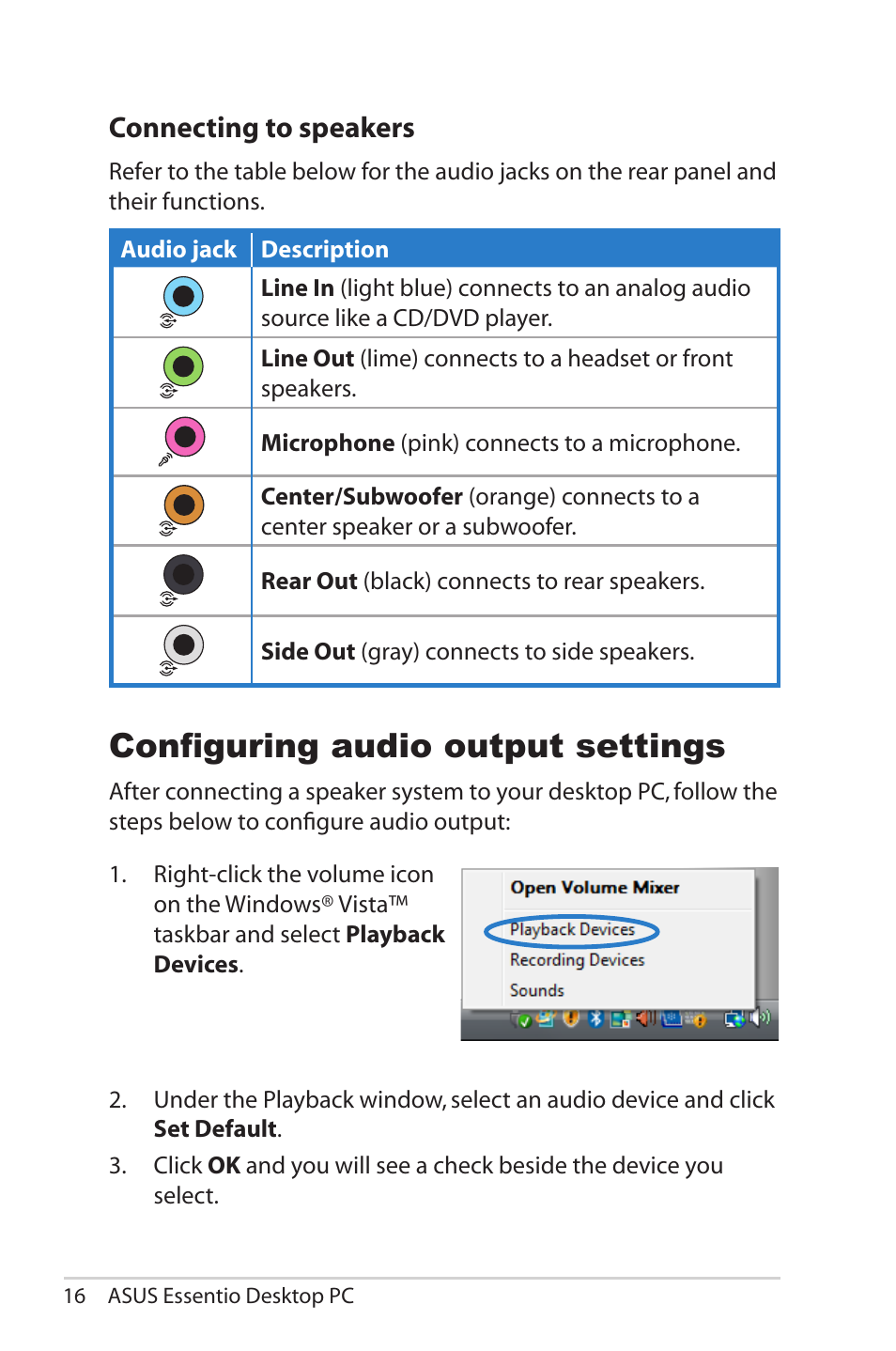 Connecting to speakers, Configuring audio output settings | Asus CG5290 User Manual | Page 16 / 25