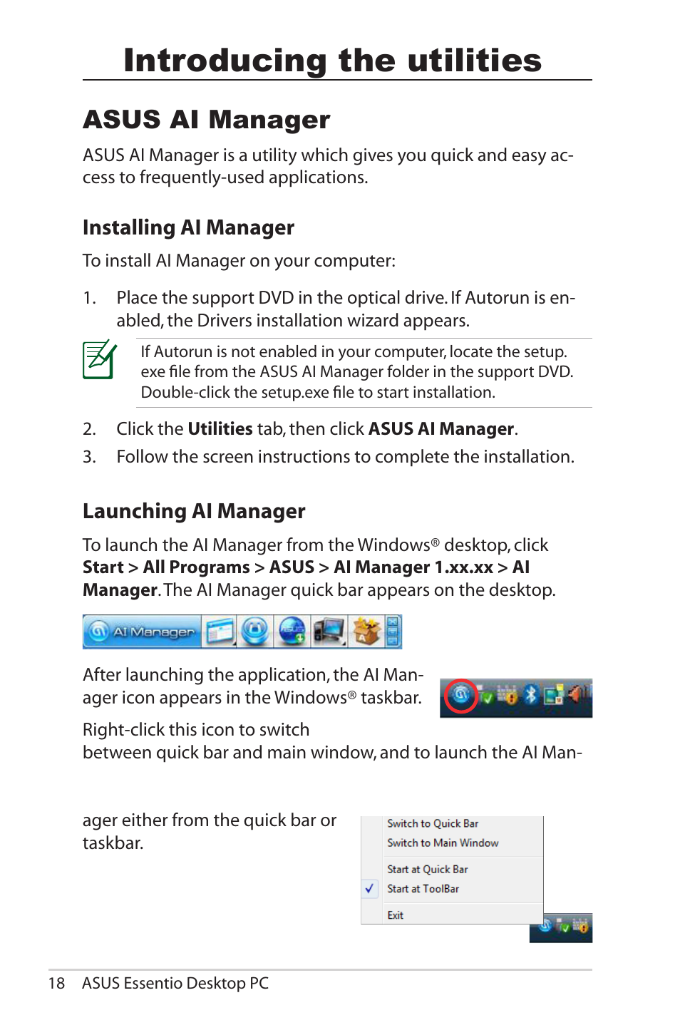 Introducing the utilities, Asus ai manager, Installing ai manager launching ai manager | Asus CG5290 User Manual | Page 18 / 25