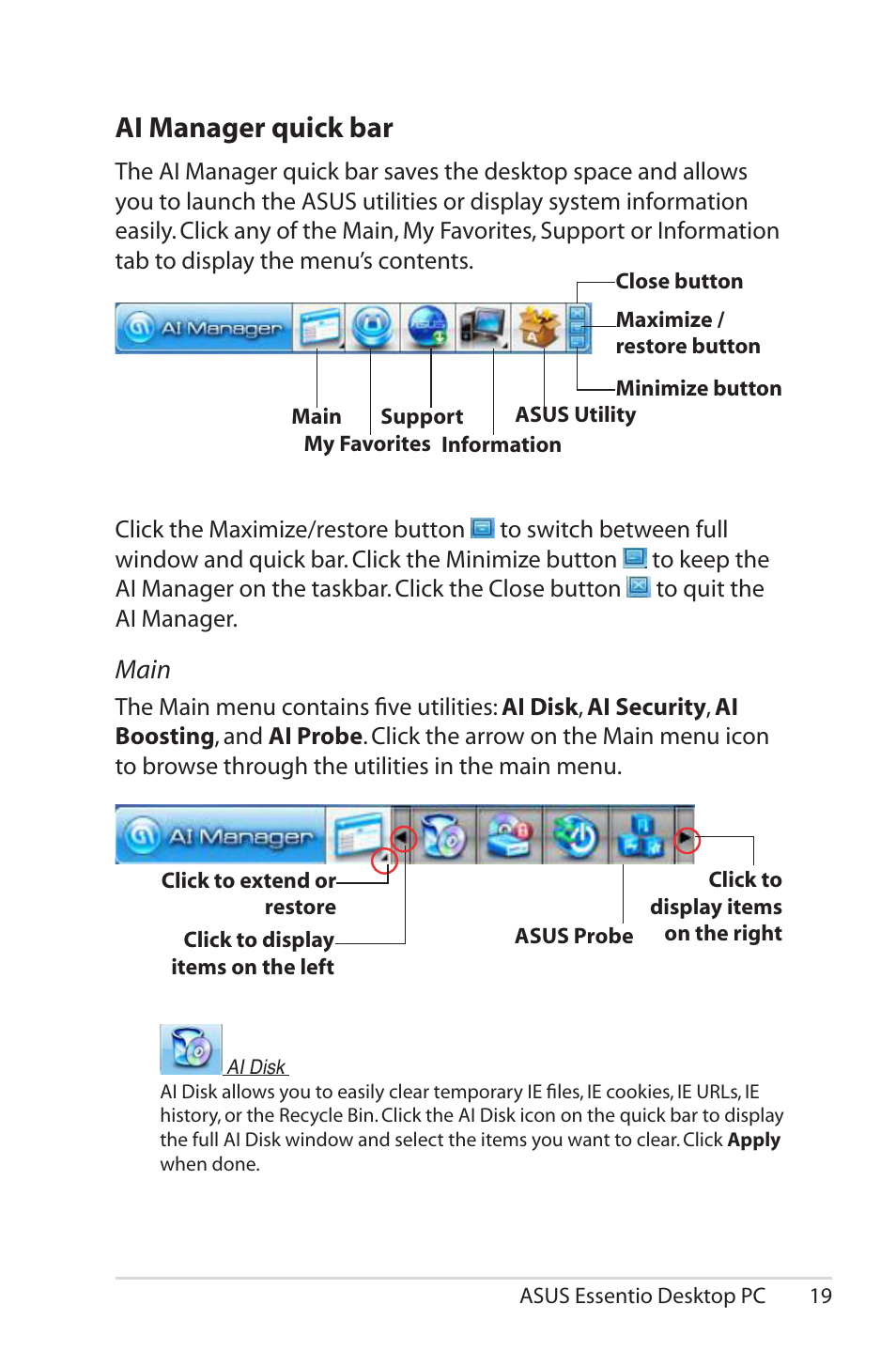 Ai manager quick bar, Main | Asus CG5290 User Manual | Page 19 / 25