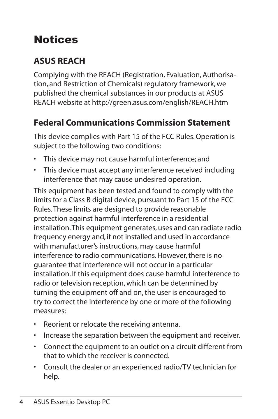 Notices, Asus reach, Federal communications commission statement | Asus CG5290 User Manual | Page 4 / 25