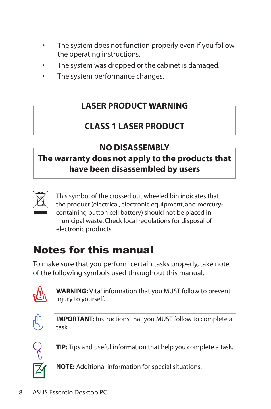 Notes for this manual, Laser product warning class 1 laser product | Asus CG5290 User Manual | Page 8 / 25