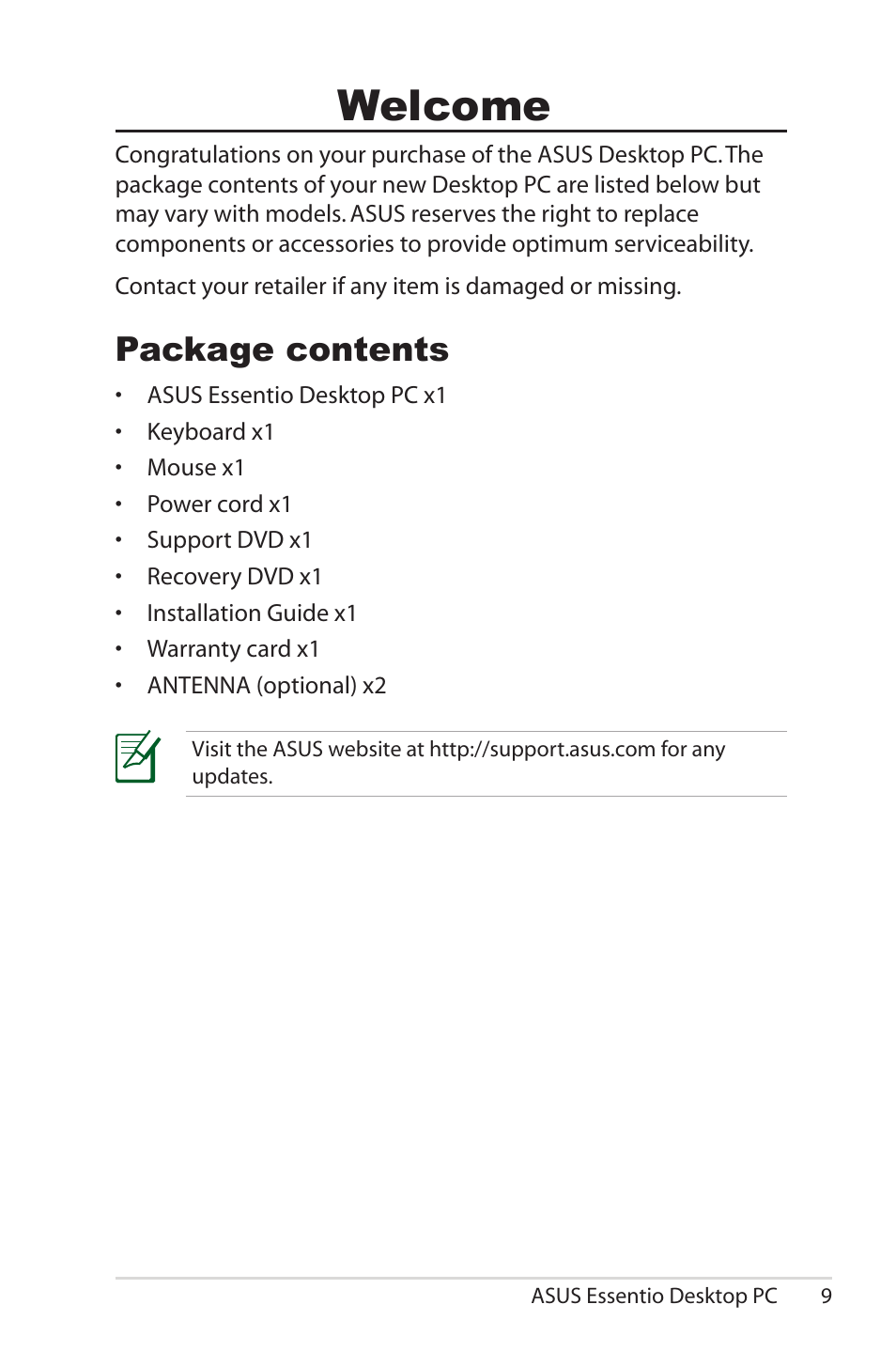 Welcome, Package contents | Asus CG5290 User Manual | Page 9 / 25