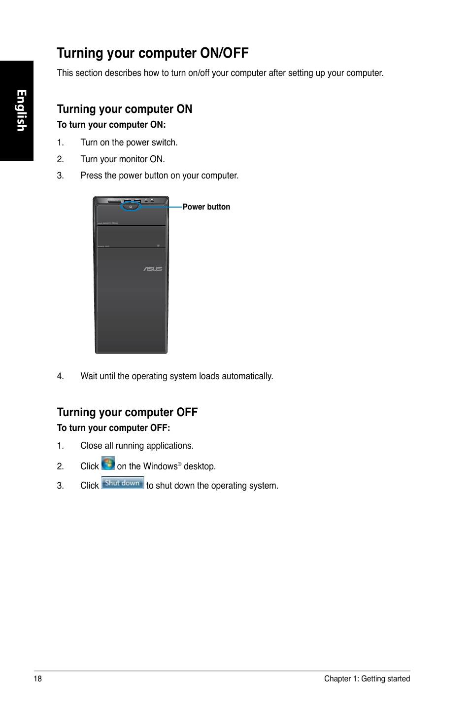 Turning your computer on/off, English, Turning your computer on | Turning your computer off | Asus CM6730 User Manual | Page 18 / 193