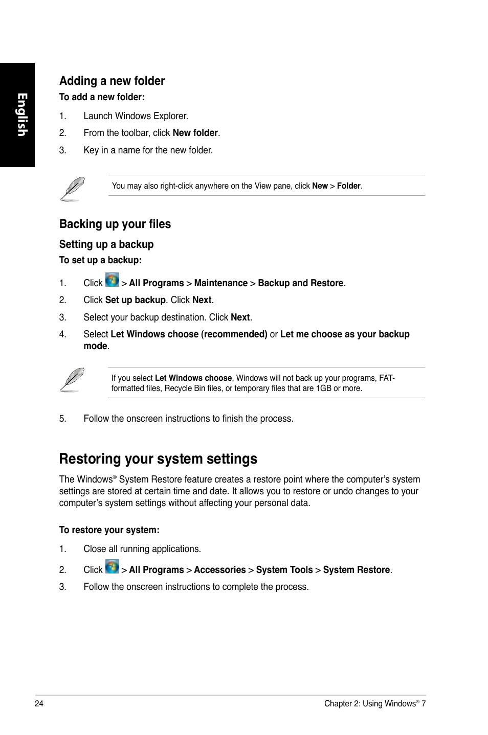 Restoring your system settings, English, Adding a new folder | Backing up your files | Asus CM6730 User Manual | Page 24 / 193