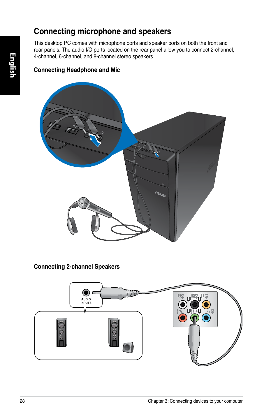 Connecting microphone and speakers, English | Asus CM6730 User Manual | Page 28 / 193