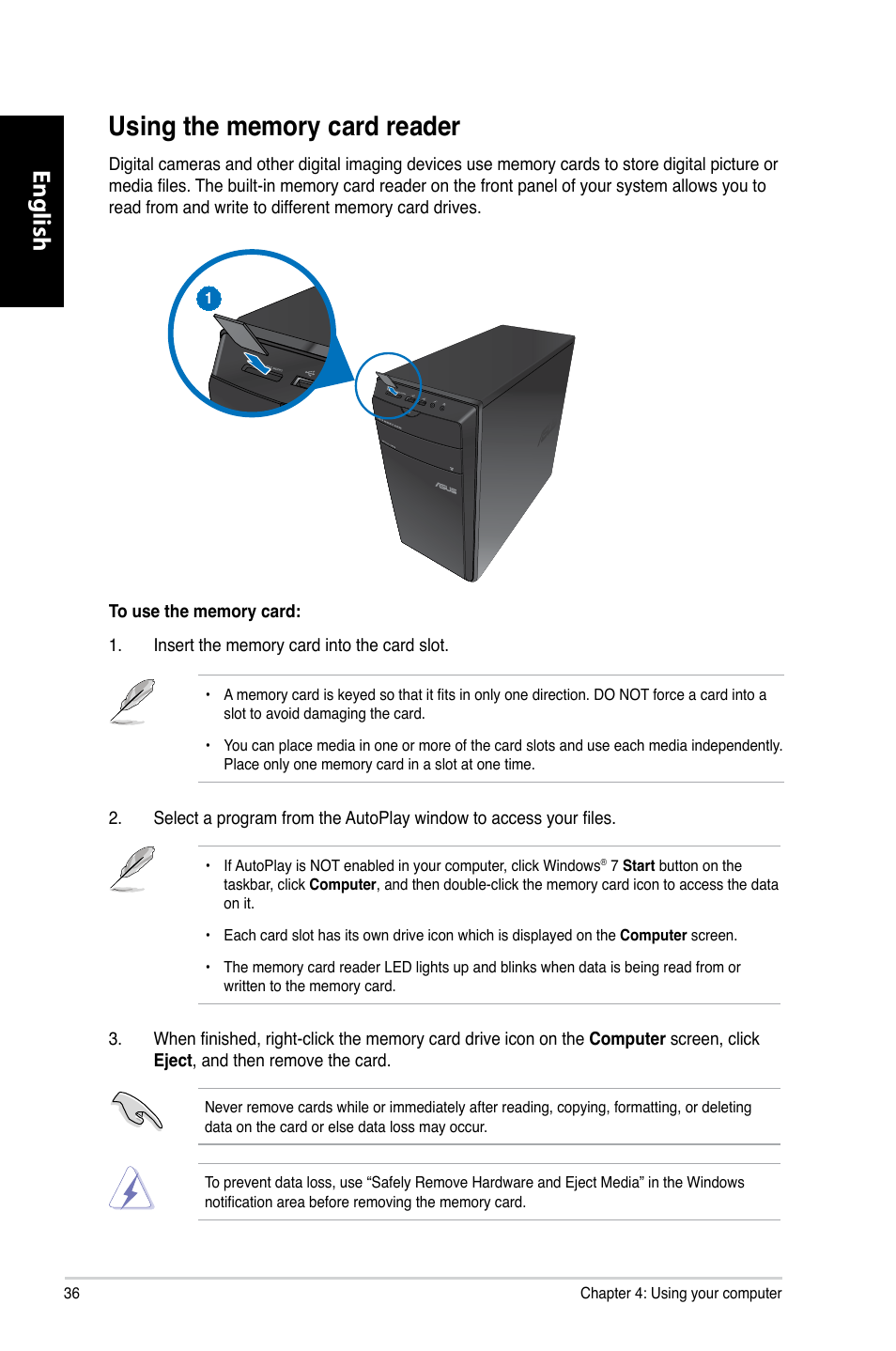 Using the memory card reader, English | Asus CM6730 User Manual | Page 36 / 193