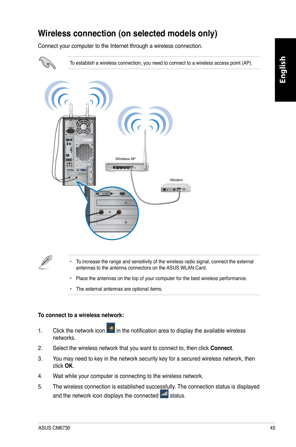 Wireless connection (on selected models only), Wireless connection �on selected models only, English | Asus CM6730 User Manual | Page 45 / 193