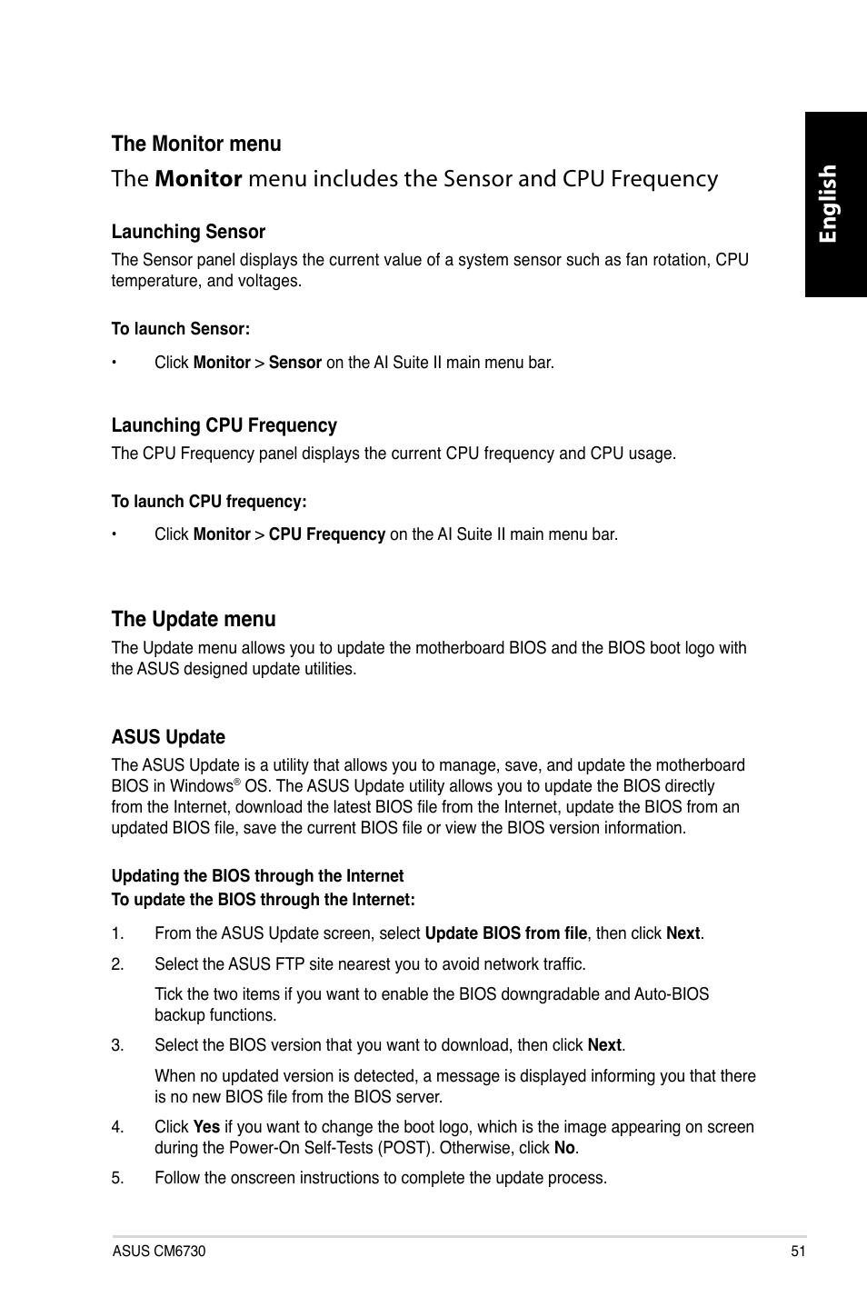 English, The monitor menu, The update menu | Asus CM6730 User Manual | Page 51 / 193