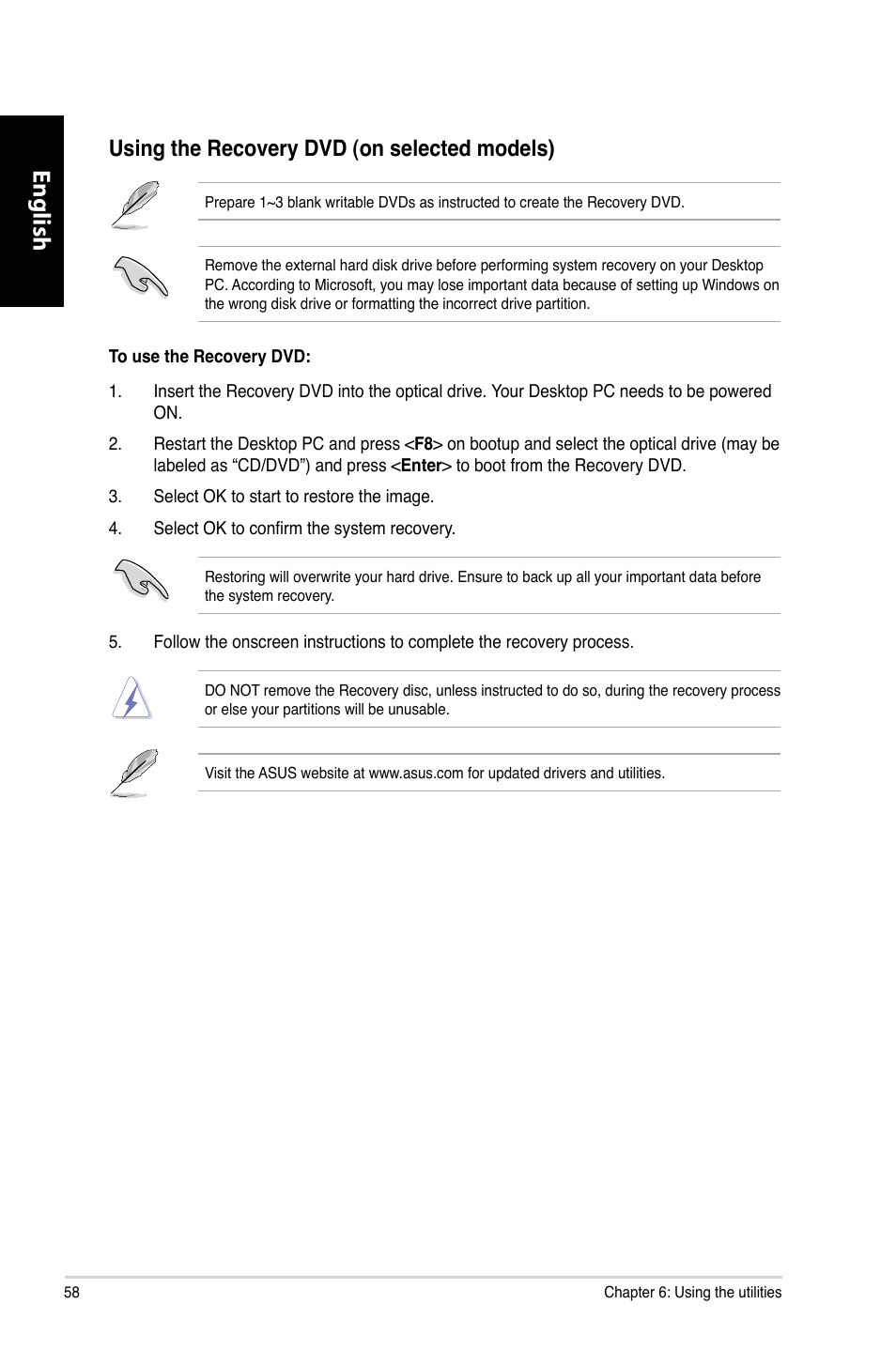 English, Using the recovery d�d �on selected models | Asus CM6730 User Manual | Page 58 / 193