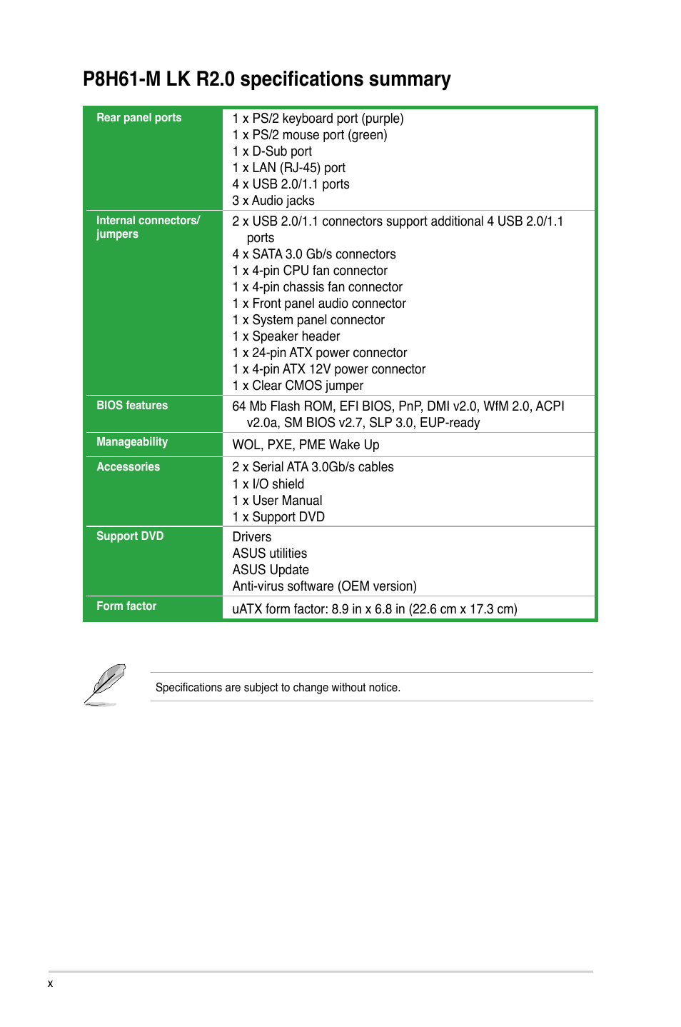 Asus P8H61-M LK R2.0 User Manual | Page 10 / 73