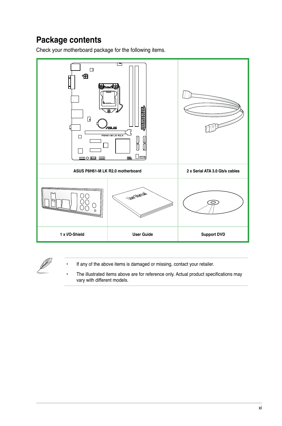 Package contents, User manual | Asus P8H61-M LK R2.0 User Manual | Page 11 / 73