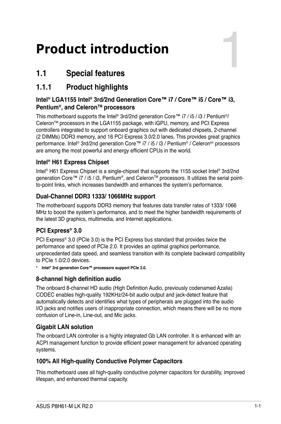 Product introduction, 1 special features, 1 product highlights | Special features -1 1.1.1, Product highlights -1 | Asus P8H61-M LK R2.0 User Manual | Page 13 / 73