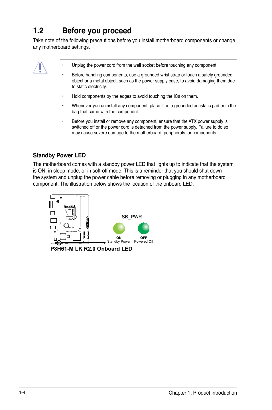 2 before you proceed, Before you proceed -4, Standby power led | Asus P8H61-M LK R2.0 User Manual | Page 16 / 73