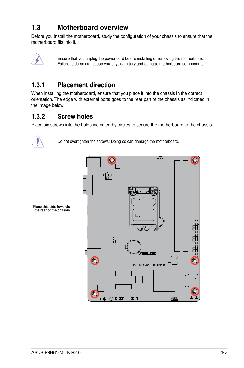 3 motherboard overview, 1 placement direction, 2 screw holes | Motherboard overview -5 1.3.1, Placement direction -5, Screw holes -5 | Asus P8H61-M LK R2.0 User Manual | Page 17 / 73