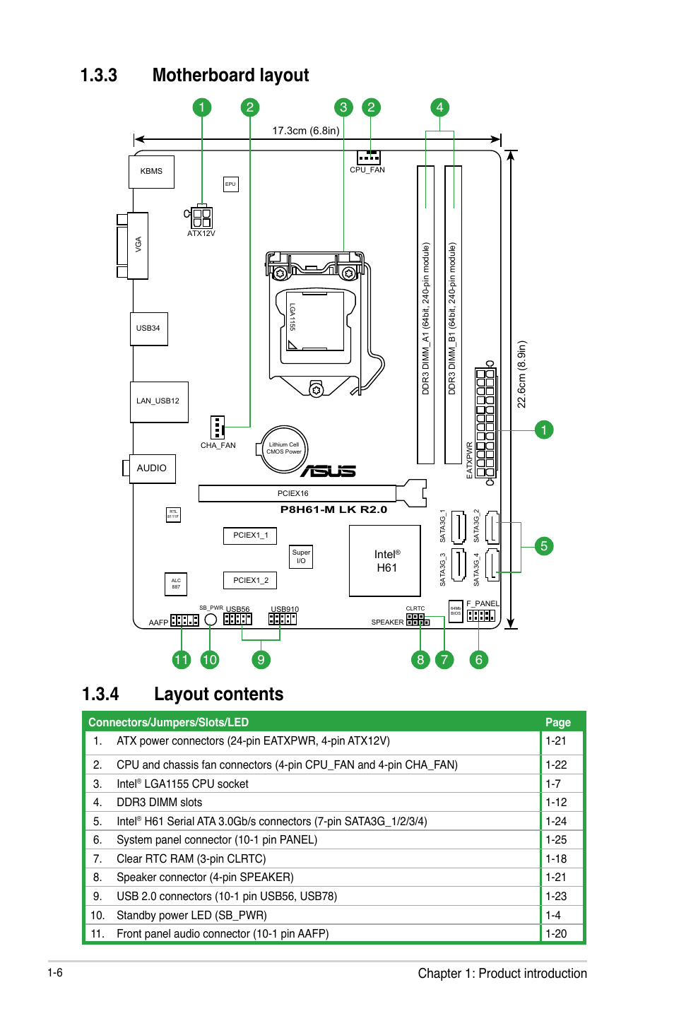 3 motherboard layout, 4 layout contents, Motherboard layout -6 | Layout contents -6, Chapter 1: product introduction | Asus P8H61-M LK R2.0 User Manual | Page 18 / 73
