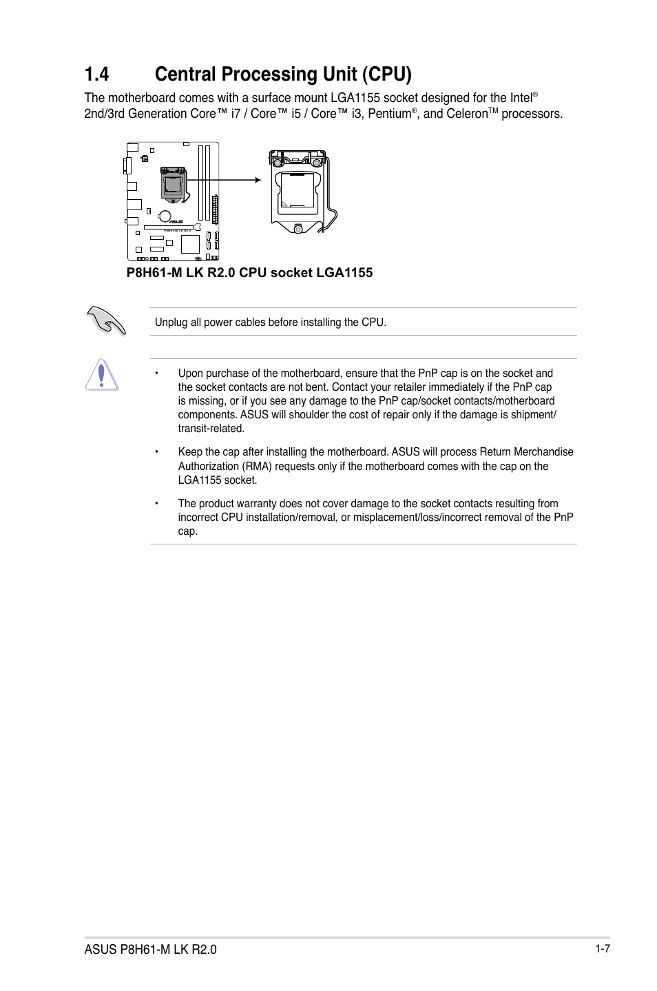 4 central processing unit (cpu), Central processing unit (cpu) -7 | Asus P8H61-M LK R2.0 User Manual | Page 19 / 73