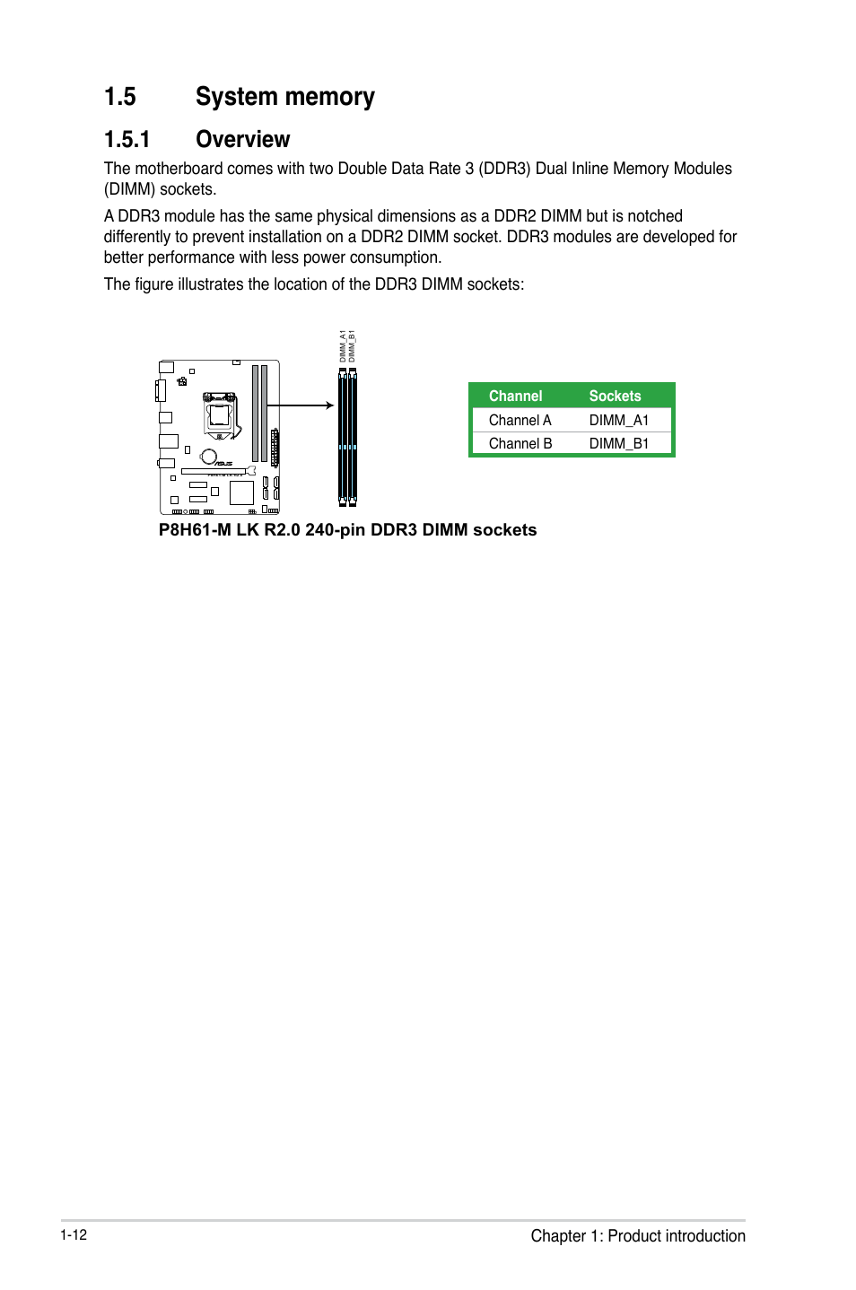 5 system memory, 1 overview, System memory -12 1.5.1 | Overview -12 | Asus P8H61-M LK R2.0 User Manual | Page 24 / 73