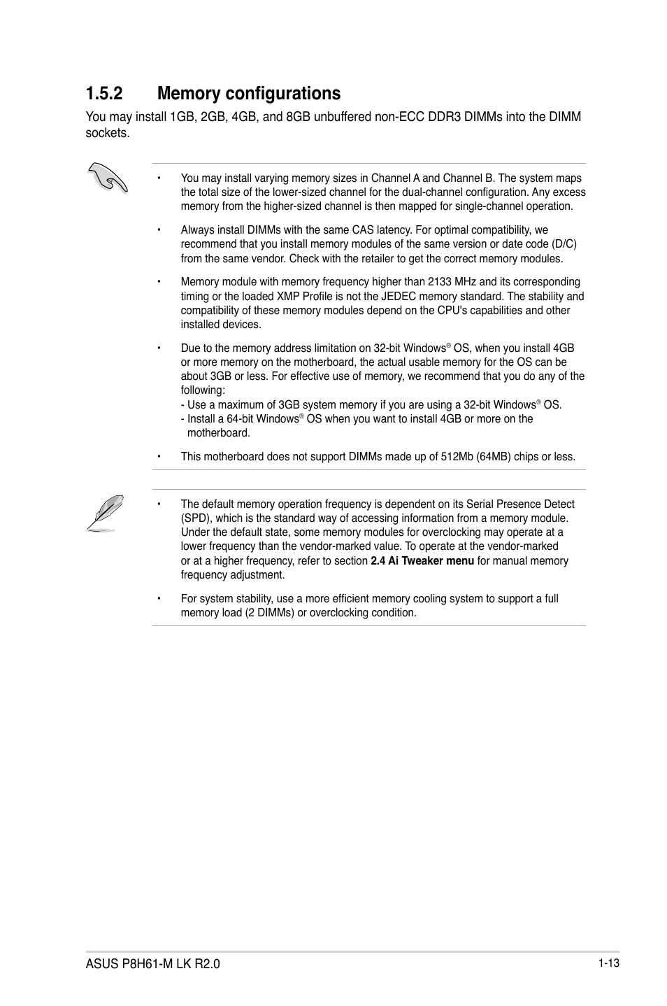 2 memory configurations, Memory configurations -13 | Asus P8H61-M LK R2.0 User Manual | Page 25 / 73