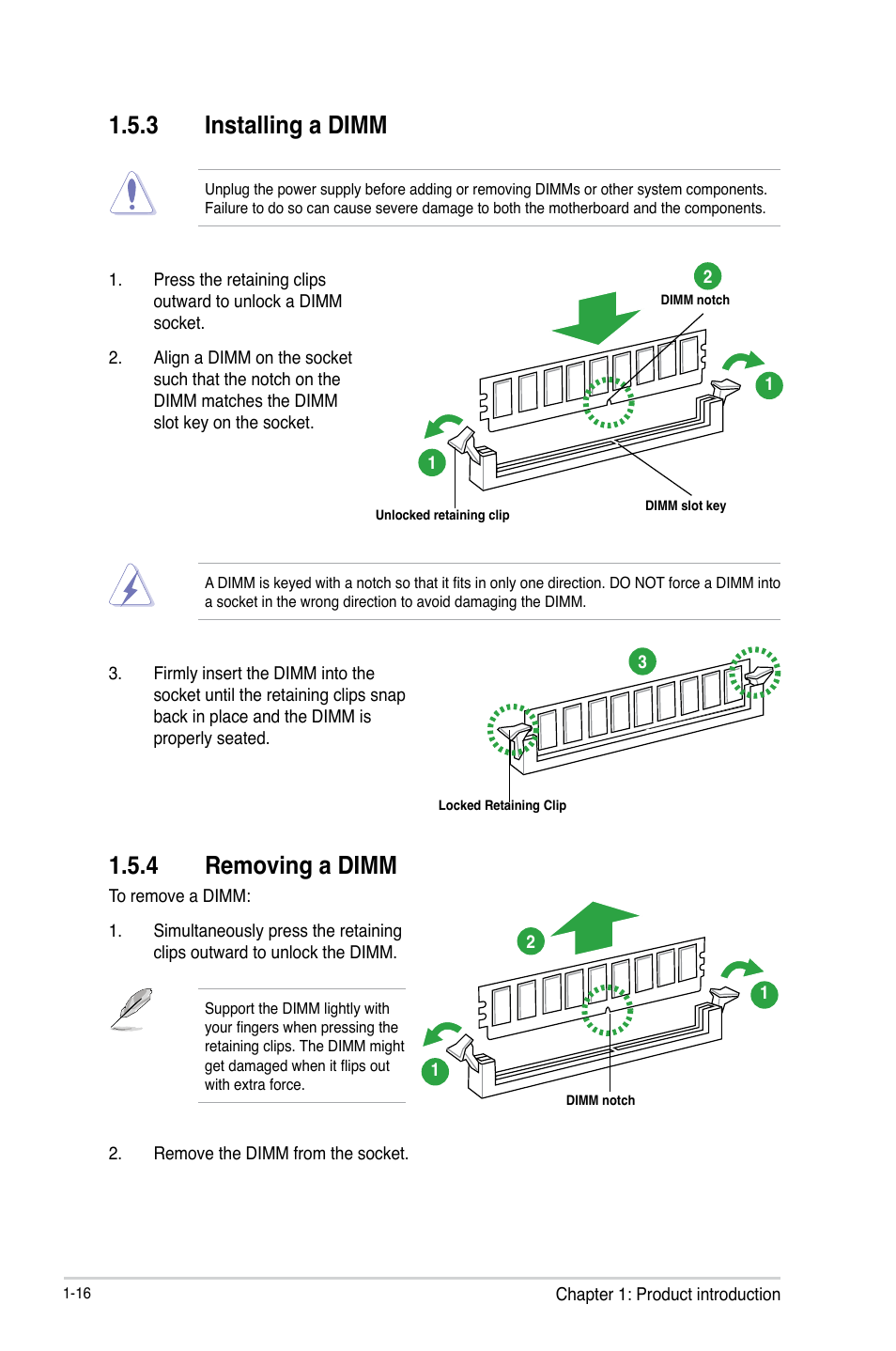 3 installing a dimm, 4 removing a dimm, Installing a dimm -16 | Removing a dimm -16 | Asus P8H61-M LK R2.0 User Manual | Page 28 / 73