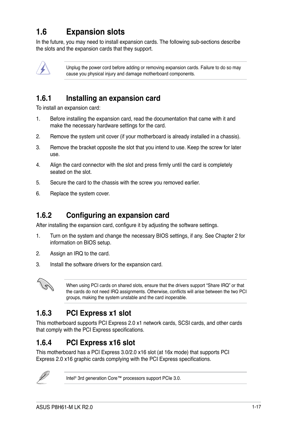 6 expansion slots, 1 installing an expansion card, 2 configuring an expansion card | 3 pci express x1 slot, 4 pci express x16 slot, Expansion slots -17 1.6.1, Installing an expansion card -17, Configuring an expansion card -17, Pci express x1 slot -17, Pci express x16 slot -17 | Asus P8H61-M LK R2.0 User Manual | Page 29 / 73