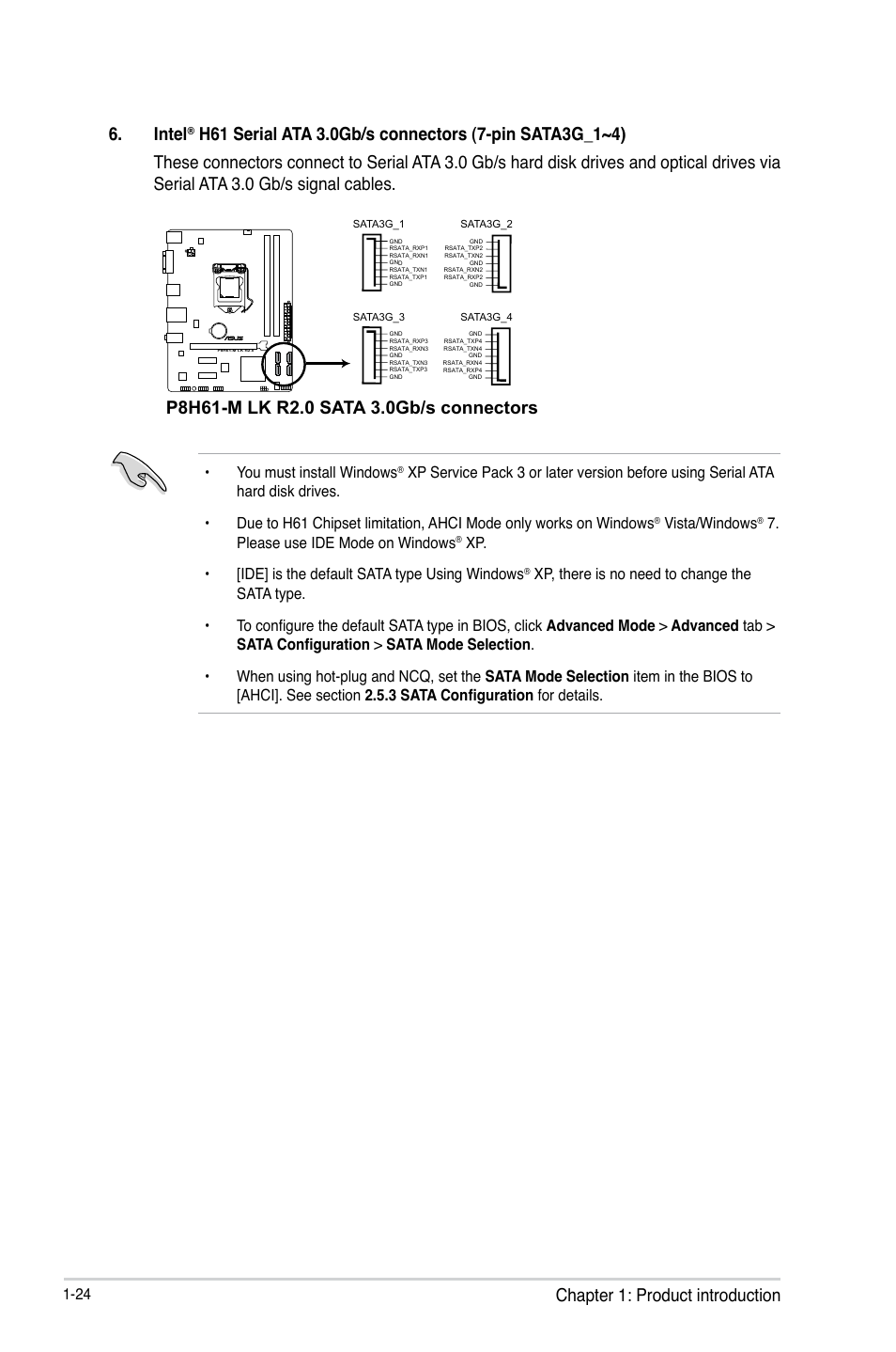 Chapter 1: product introduction 6. intel, You must install windows, Vista/windows | Please use ide mode on windows, Xp. • [ide] is the default sata type using windows | Asus P8H61-M LK R2.0 User Manual | Page 36 / 73