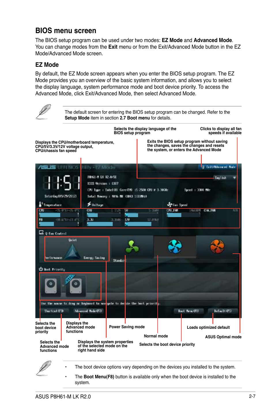 Bios menu screen, Ez mode | Asus P8H61-M LK R2.0 User Manual | Page 45 / 73
