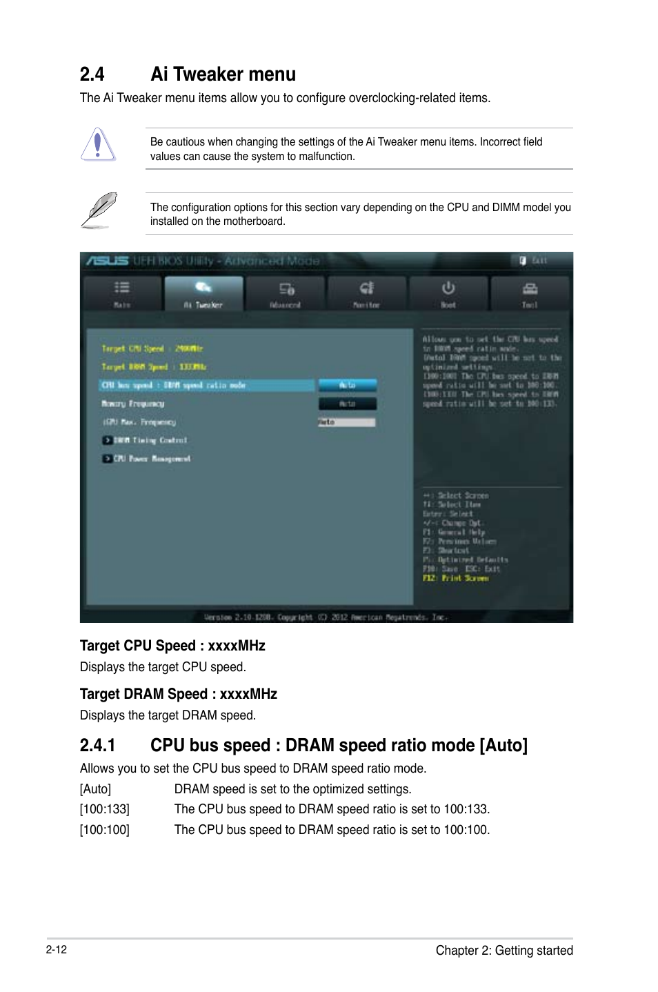 4 ai tweaker menu, 1 cpu bus speed : dram speed ratio mode [auto, Ai tweaker menu -12 2.4.1 | Cpu bus speed : dram speed ratio mode [auto] -12 | Asus P8H61-M LK R2.0 User Manual | Page 50 / 73