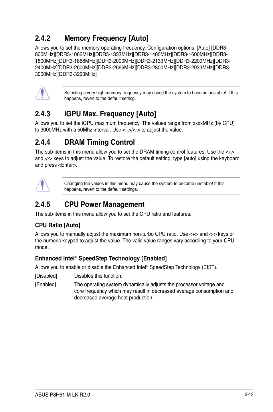 2 memory frequency [auto, 3 igpu max. frequency [auto, 4 dram timing control | 5 cpu power management, Memory frequency [auto] -13, Igpu max. frequency [auto] -13, Dram timing control -13, Cpu power management -13 | Asus P8H61-M LK R2.0 User Manual | Page 51 / 73