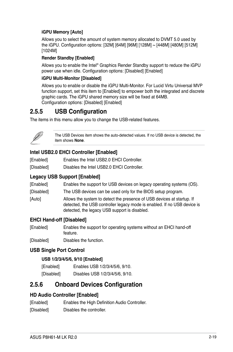 5 usb configuration, 6 onboard devices configuration, Usb configuration -19 | Onboard devices configuration -19 | Asus P8H61-M LK R2.0 User Manual | Page 57 / 73