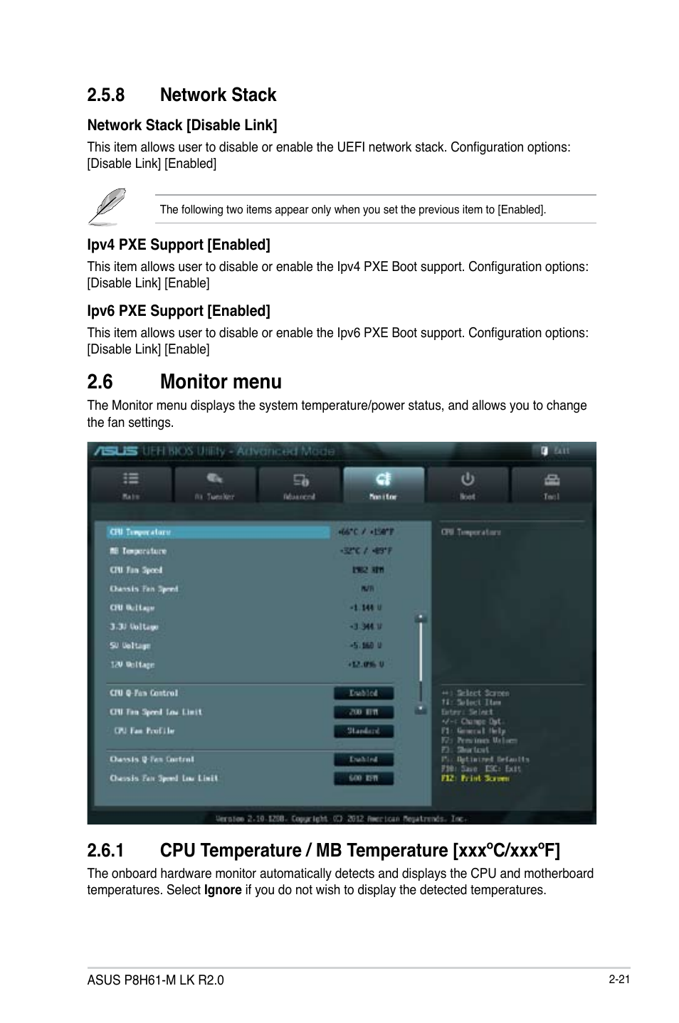 8 network stack, 6 monitor menu, 1 cpu temperature / mb temperature [xxxºc/xxxºf | Network stack -21, Monitor menu -21 2.6.1, Cpu temperature / mb temperature [xxxºc/xxxºf] -21 | Asus P8H61-M LK R2.0 User Manual | Page 59 / 73